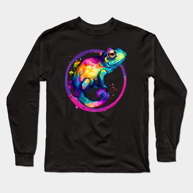 Colorful Chameleon Watercolor Splash Art Print - Pink Long Sleeve T-Shirt by Hazel the Aesthete